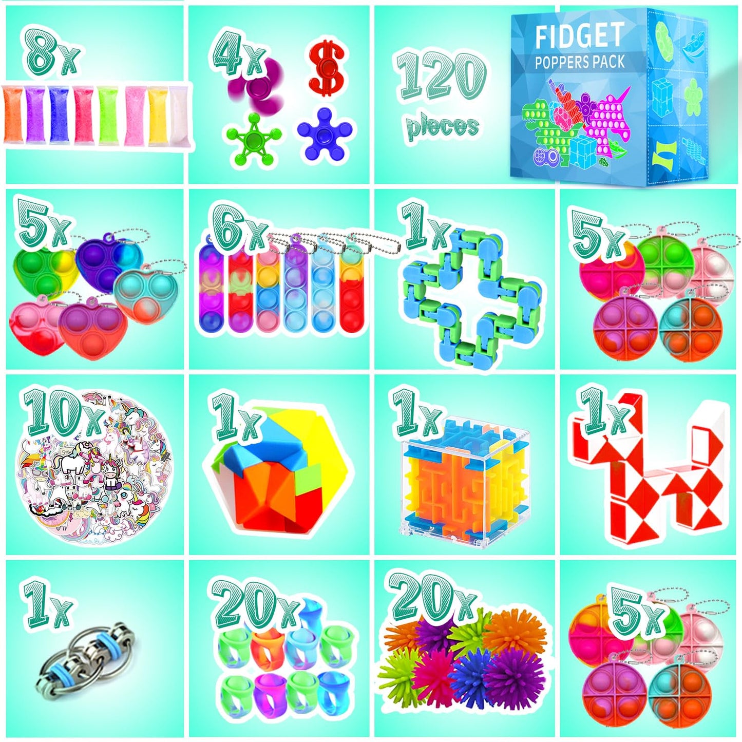 Fidget Toys, 120 Pack Fidgets Set Stocking Stuffers for Kids Party Favors Autism Sensory Toy Bulk Adults Kids Boys Girls Teens Stress Autistic ADHD Anxiety Carnival Treasure Classroom Prizes