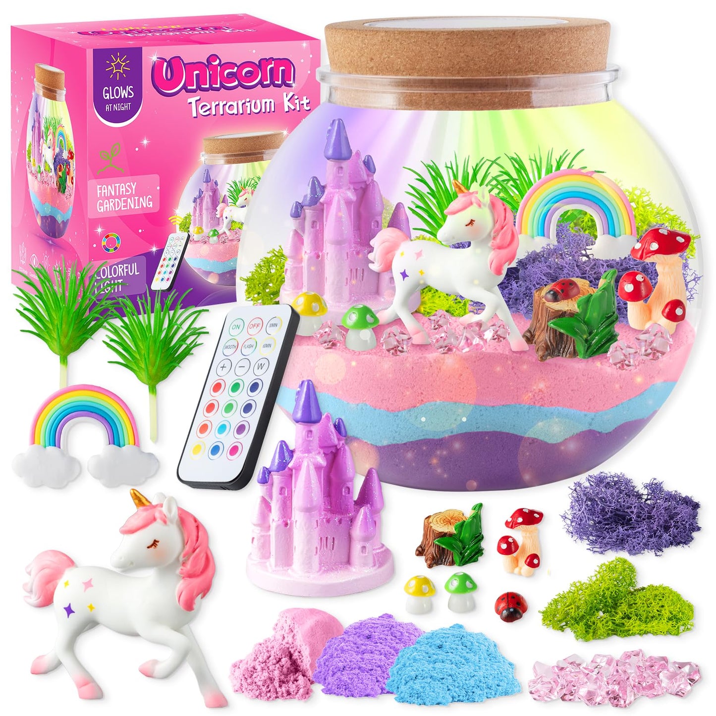 Unicorn Light-Up Terrarium Kit for Kids - LED Night Light Birthday Gift for Girls Ages 4 5 6 7 8-12 Year Old - Unicorn Toys for Girls - DIY Arts and Crafts Kit for Kids