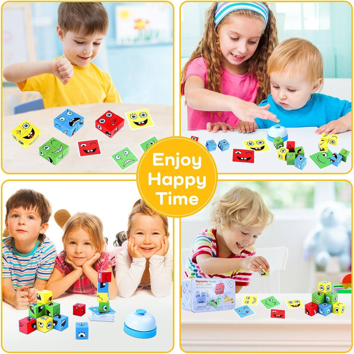 Wooden Face Changing Magic Cube Game | 64 Cards, 16 Blocks, 1 Bell