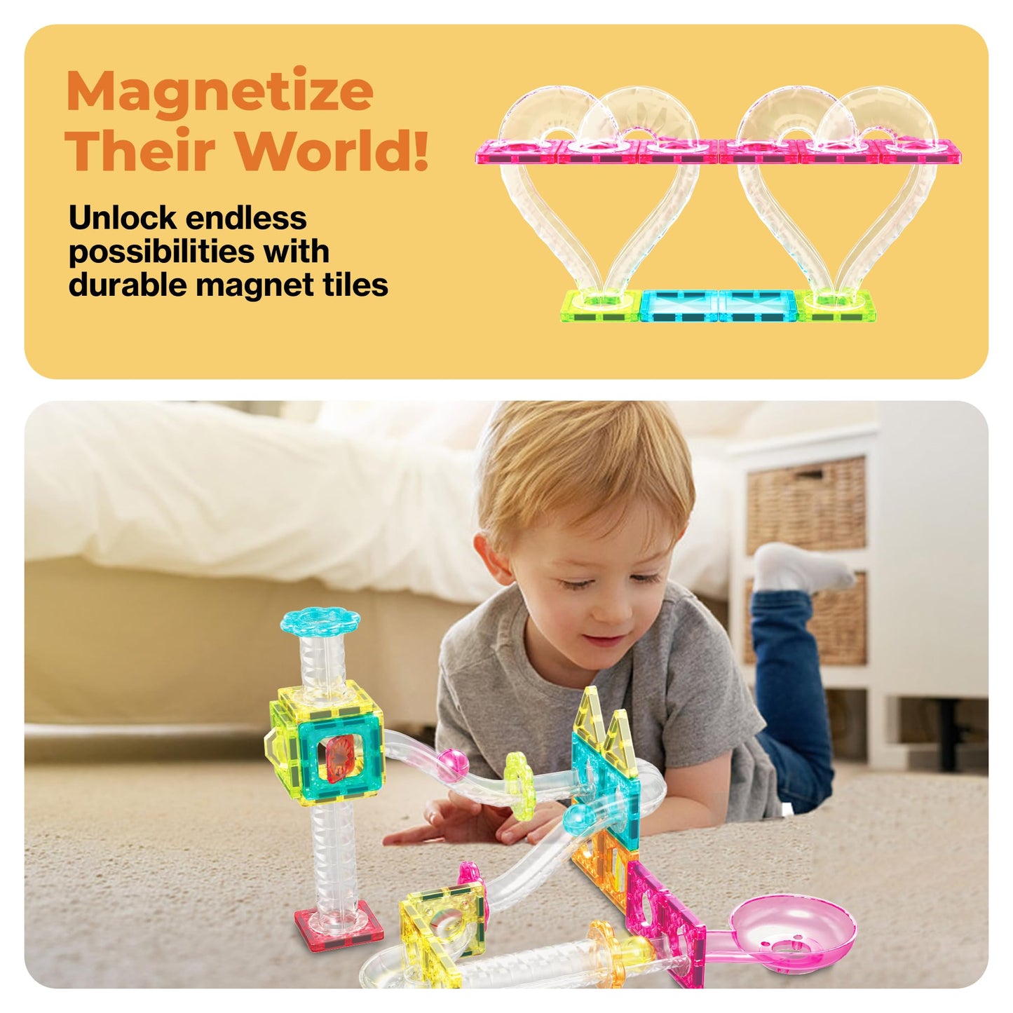 PicassoTiles 108pc 3-in-1 Marble Run Car Race Track Combo Magnetic Tiles PicassoToys Magnet Building Block Educational Construction Toy Playset STEM STEAM Learning Kit Child Brain Development PTG108