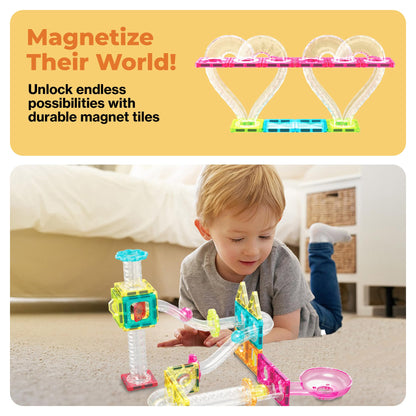 PicassoTiles 108pc 3-in-1 Marble Run Car Race Track Combo Magnetic Tiles PicassoToys Magnet Building Block Educational Construction Toy Playset STEM STEAM Learning Kit Child Brain Development PTG108