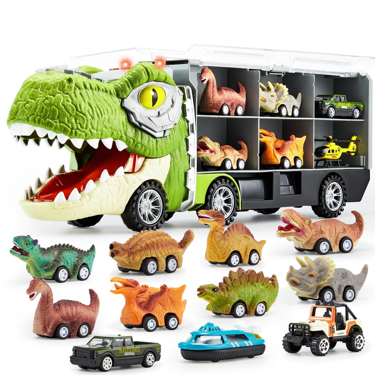 Dinosaur Truck with 12 Pull Back Cars Toys Set