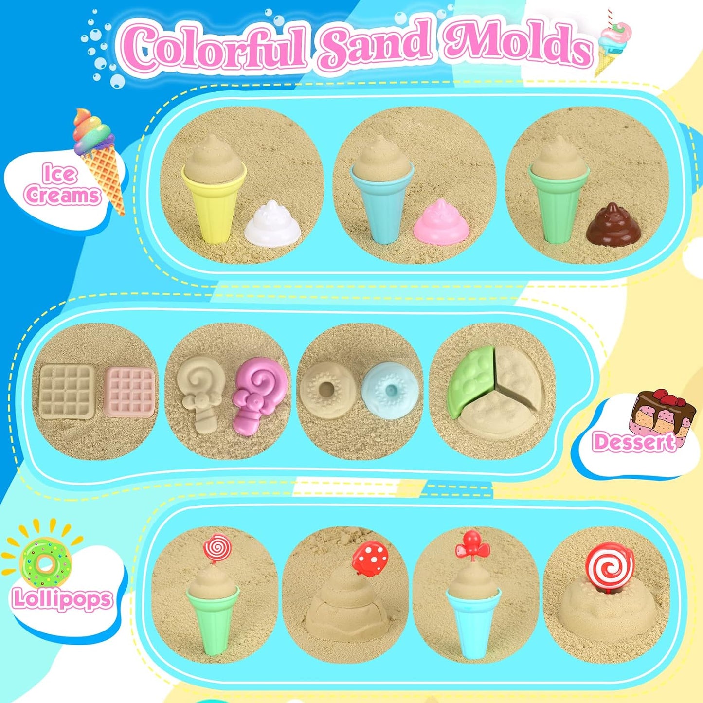 Collapsible Beach Toys Set for Kids Toddlers Girls, Collapsible Sand Bucket and Shovels Set with Mesh Bag & Sand Molds, Ice Cream Travel Sand Toys for Beach, Sandbox Toys for Toddlers Kids Age 3-10