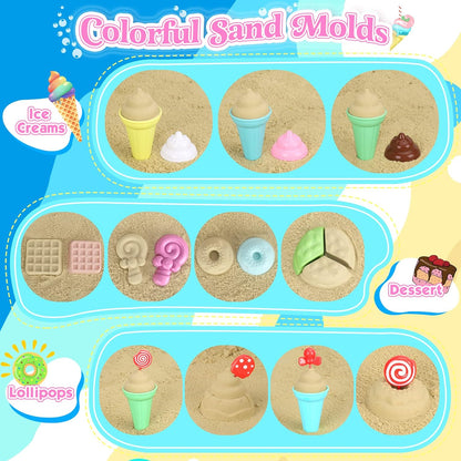 Collapsible Beach Toys Set for Kids Toddlers Girls, Collapsible Sand Bucket and Shovels Set with Mesh Bag & Sand Molds, Ice Cream Travel Sand Toys for Beach, Sandbox Toys for Toddlers Kids Age 3-10
