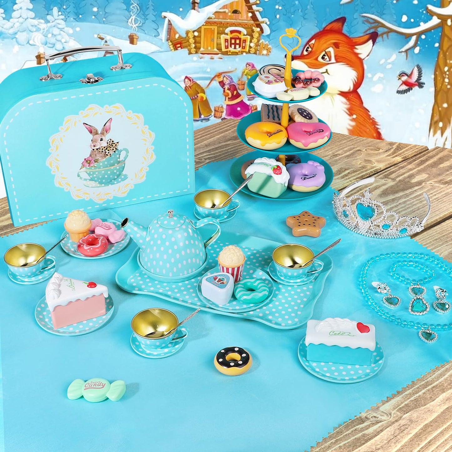 Tea Party Set for Little Girls, 49PCS Princess Tea Time Toys Including Tea Set Dessert Carrying Case, Kids Kitchen Pretend Playset, Tea Set for Girls Birthday Toddler Age 3-8, Pink