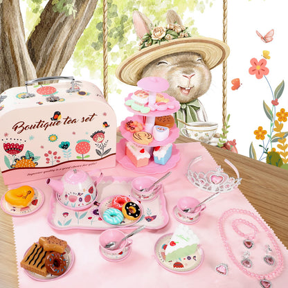 Tea Party Set for Little Girls, 49PCS Princess Tea Time Toys Including Tea Set Dessert Carrying Case, Kids Kitchen Pretend Playset, Tea Set for Girls Birthday Toddler Age 3-8, Pink