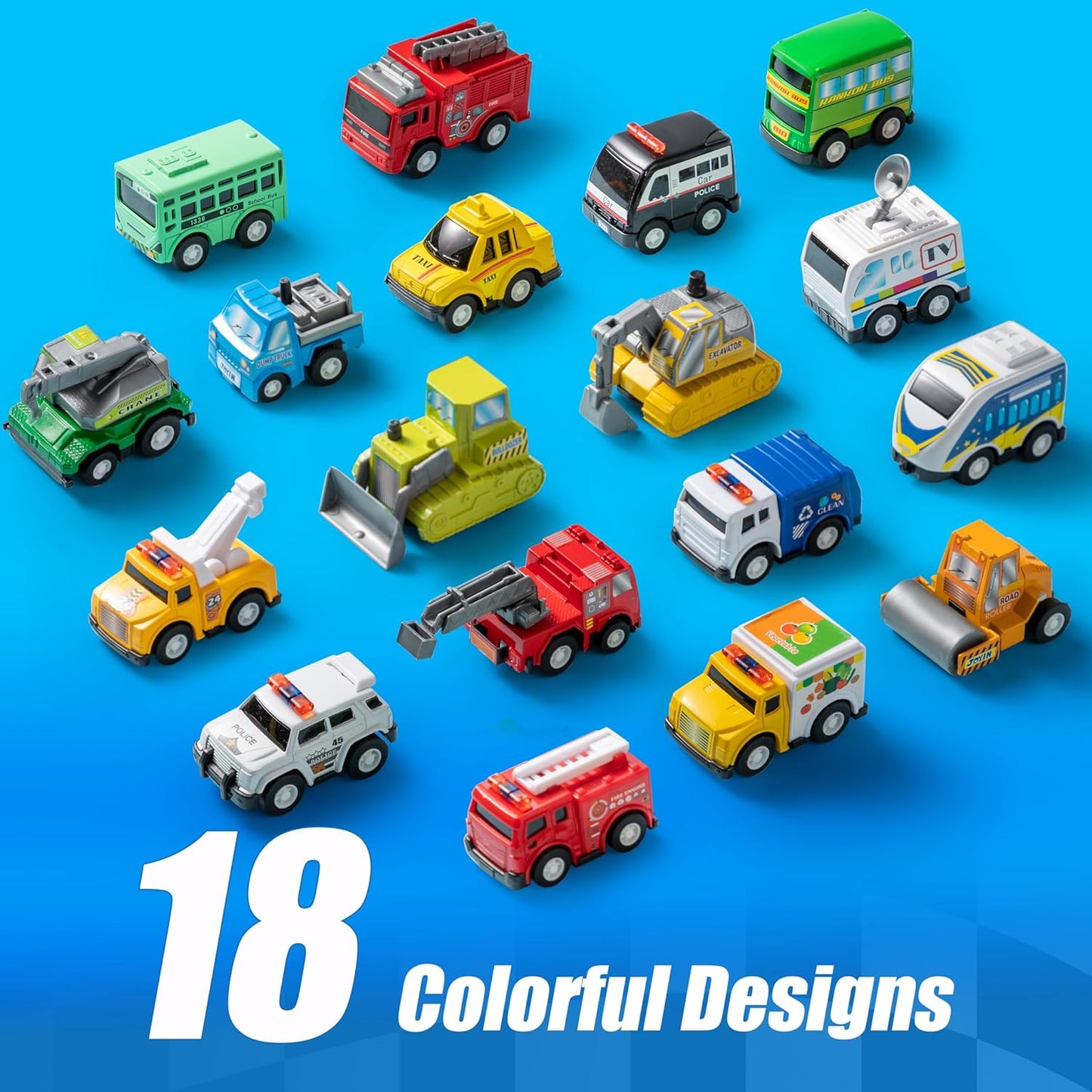 JOYIN 18 Pcs Pull Back City Cars and Trucks Toy Vehicles Set, Friction Powered Cars Toys for Toddlers, Boys, Girls’ Educational Play, Kids Stocking Stuffers