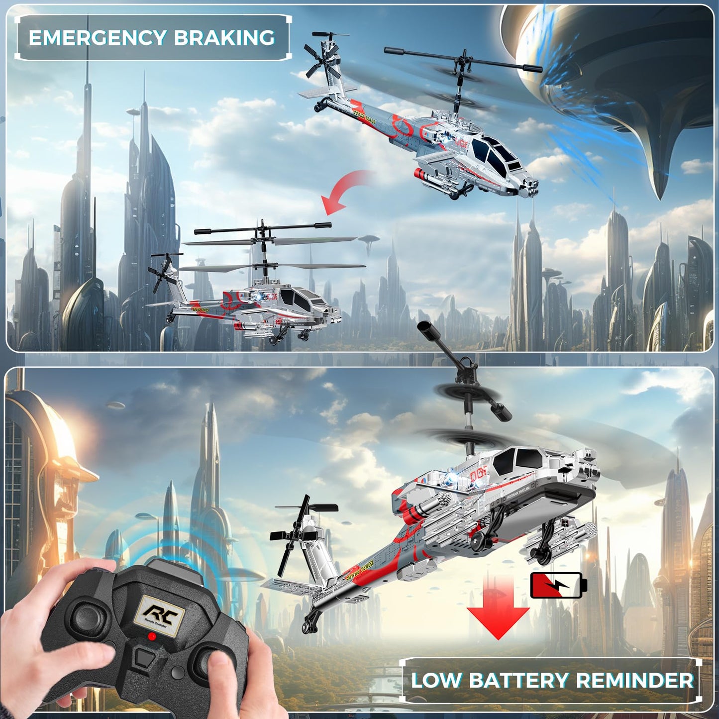 Remote Control Military Flying Helicopter Toy 2.4GHz, 3.5 Channels, Gyro & LED Light, Altitude Hold, RC Helicopters for Kids Adults Beginner (Silvery)