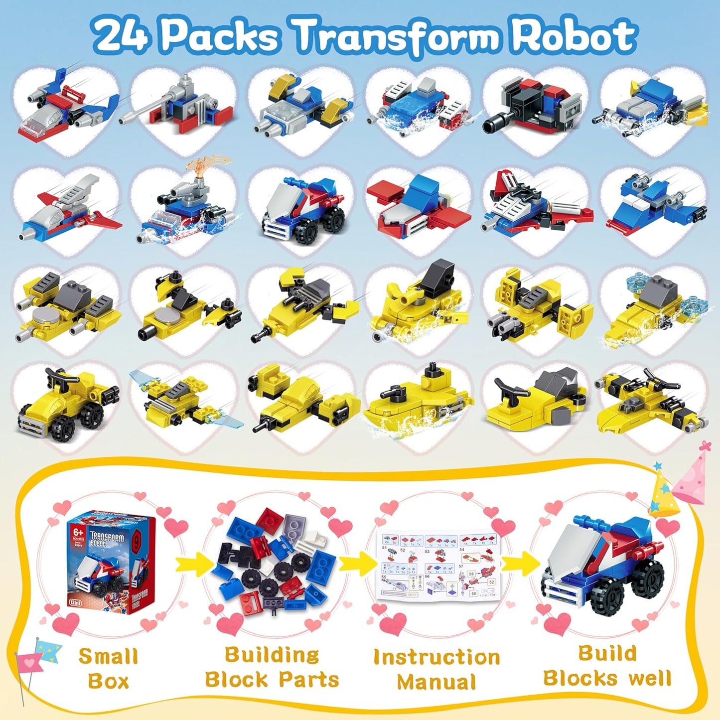 24 Packs Party Favors for Kids - Transform Robot Building Blocks, 12-in-1 Creative Action Mech Toy Building Set for Classroom Prizes Stocking Stuffers, Birthday Valentines Easter Gifts for Boys Girls