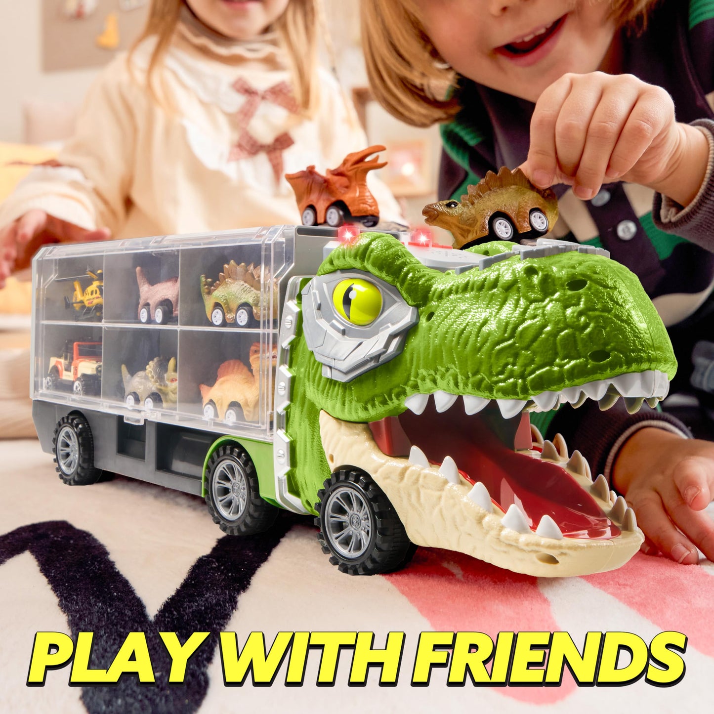 Dinosaur Truck with 12 Pull Back Cars Toys Set