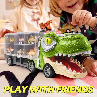 Dinosaur Truck with 12 Pull Back Cars Toys Set