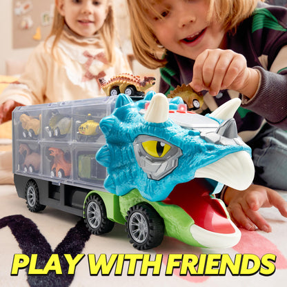 Dinosaur Truck with 12 Pull Back Cars Toys Set