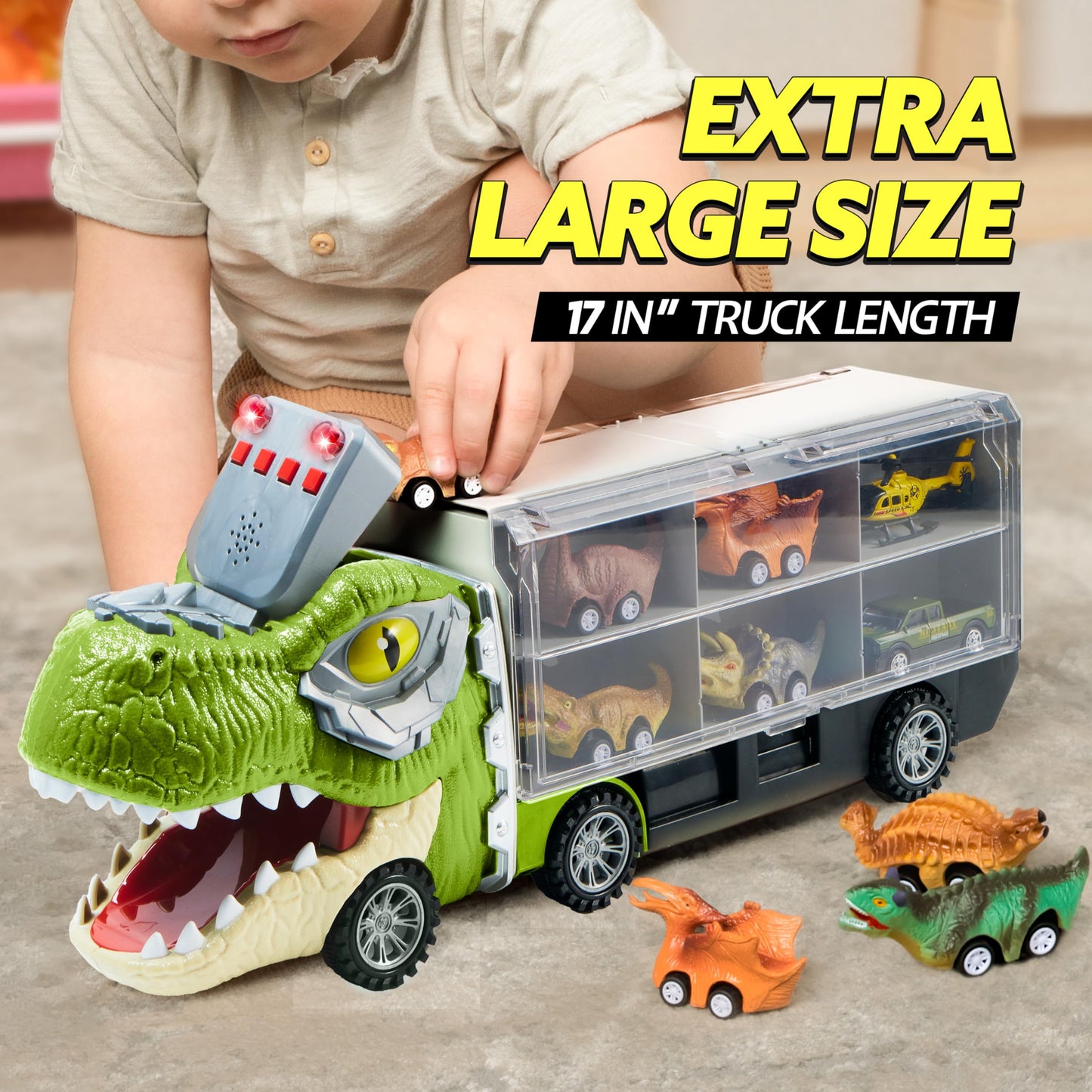 Dinosaur Truck with 12 Pull Back Cars Toys Set
