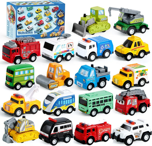 JOYIN 18 Pcs Pull Back City Cars and Trucks Toy Vehicles Set, Friction Powered Cars Toys for Toddlers, Boys, Girls’ Educational Play, Kids Stocking Stuffers