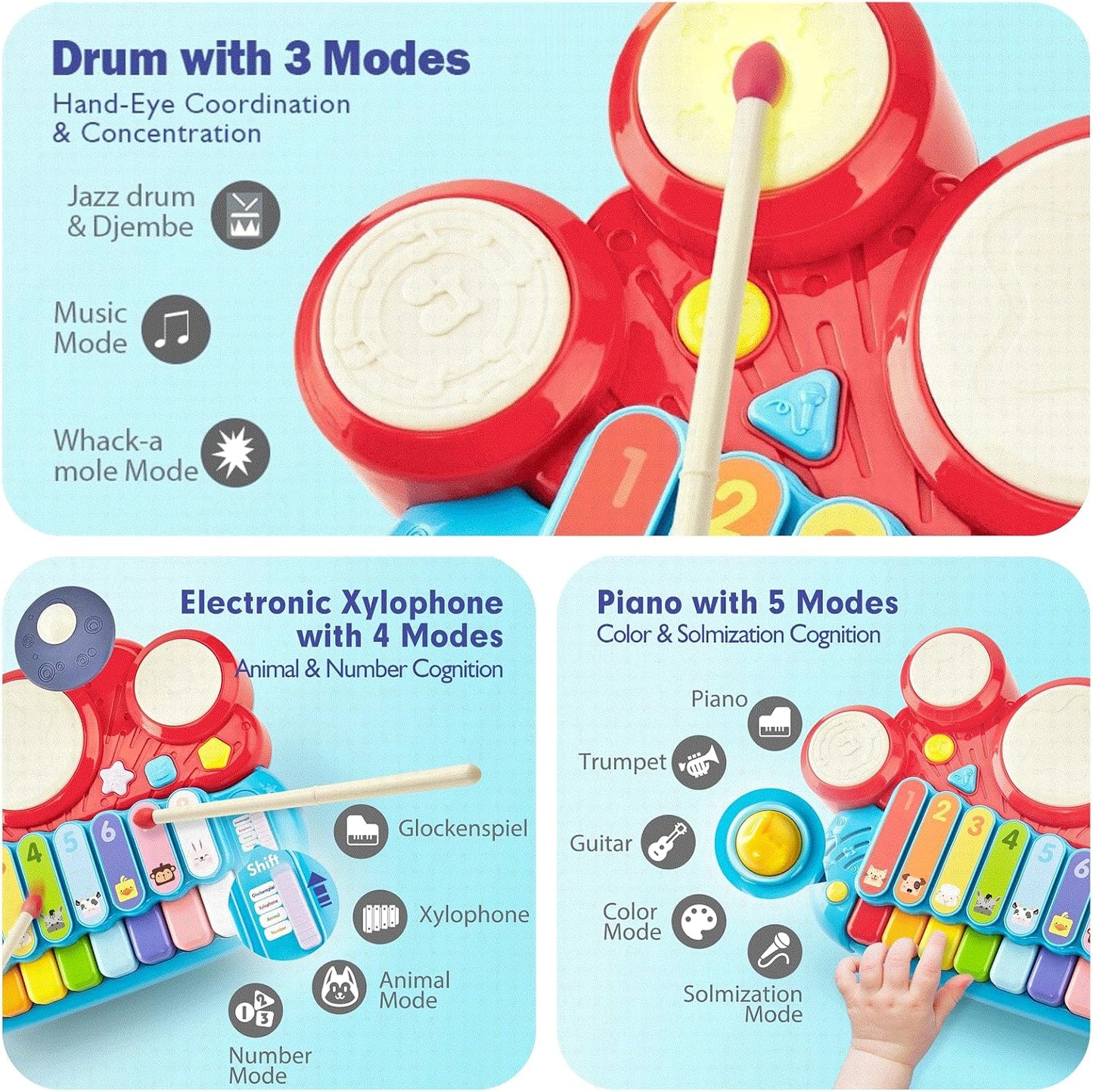 Baby Musical Toys, 3 in 1 Piano Keyboard Xylophone Drum Set for 1 Year Old Girls Toys, Learning Toys for Toddlers 1-3, Baby Piano 18 Months - 1 2 3 4 Year Old Girl Toys Birthday Gift