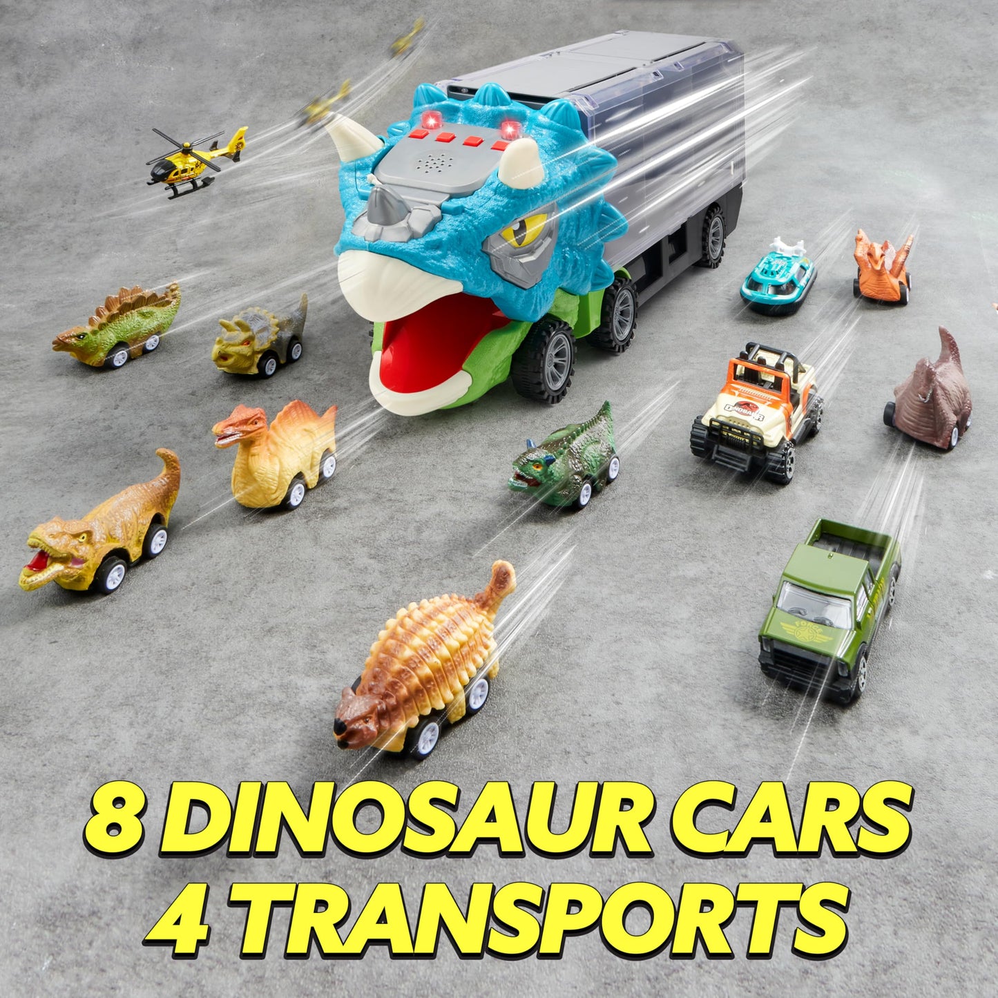 Dinosaur Truck with 12 Pull Back Cars Toys Set