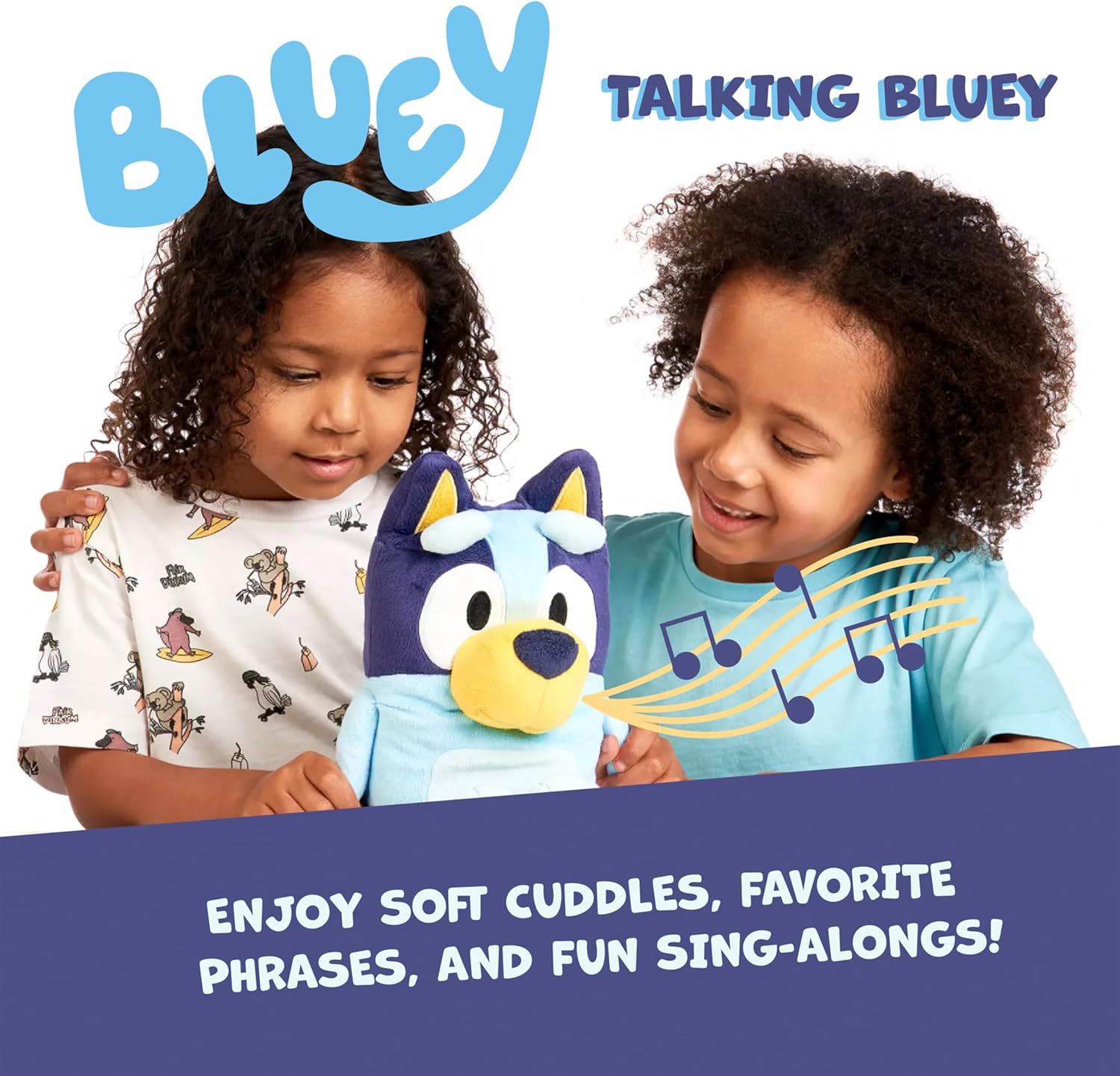 Bluey talking plush promotional image with two children