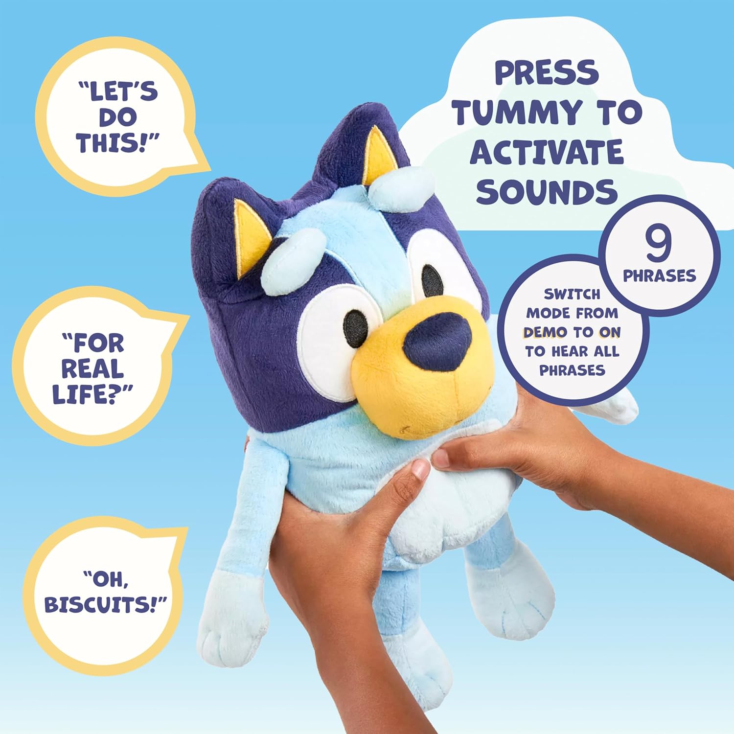 Bluey plush toy features and phrase examples displayed